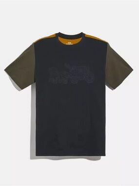 Coach pop horse and carriage short sleeve shirt colorblock navy blue green gold
